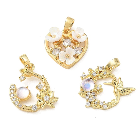 Brass Micro Pave Clear Cubic Zirconia Pendants, with Resin, Wreath/Heart/Moon Charms