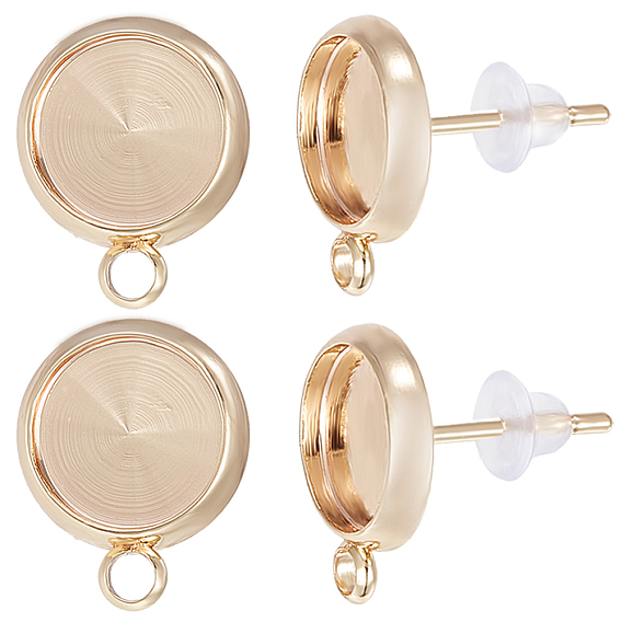 20шт. латунные плоские круглые серьги-гвоздики, с горизонтальной петлей, без никеля , с 20 пластиковыми ушными гайками