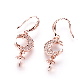 Brass Micro Pave Cubic Zirconia Earring Hooks, For Half Drilled Beads, Moon