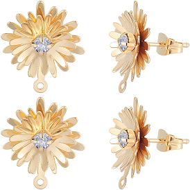 14шт. латунные серьги-гвоздики со стеклянной фурнитурой, подсолнечник, с горизонтальной петлей