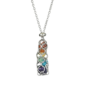 Natural Mixed Gemstone Pendant Necklace, Macrame Pouch 304 Stainless Steel Necklace