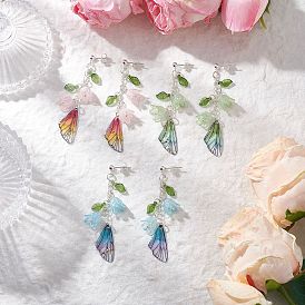 304 серьги-гвоздики с крыльями из нержавеющей стали и цветком, с подвесками из акрила и смолы, серебряные