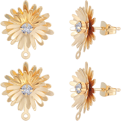 14шт. латунные серьги-гвоздики со стеклянной фурнитурой, подсолнечник, с горизонтальной петлей