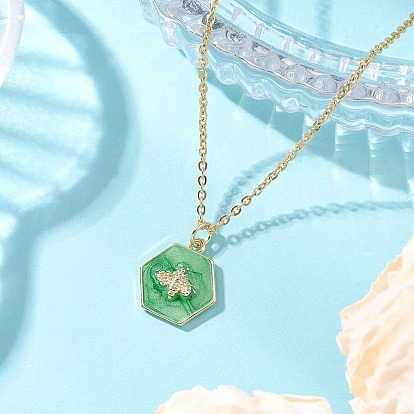 304 цепочка из нержавеющей стали в виде шестиугольника с эмалью зеленого цвета и подвеской в виде пчелы {2}