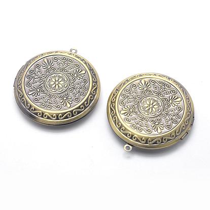 Brass Locket Pendants, Photo Frame Charms for Necklaces, Cadmium Free & Nickel Free & Lead Free, Flat Round with Flower