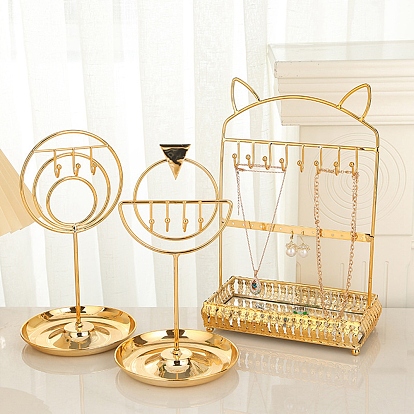 Стеллажи для ювелирных изделий из железа в форме кольца/кошачьих ушей с подносом, настольный металлический декоративный держатель для сережек ожерелий сережек колец