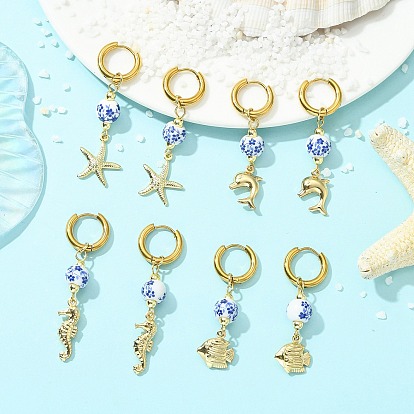 4 Стиль: морская тематика 202 Серьги-кольца из нержавеющей стали, с фарфоровыми керамическими бусинами с цветочным принтом и подвесками из нержавеющей стали и хирургической нержавеющей стали., разнообразные