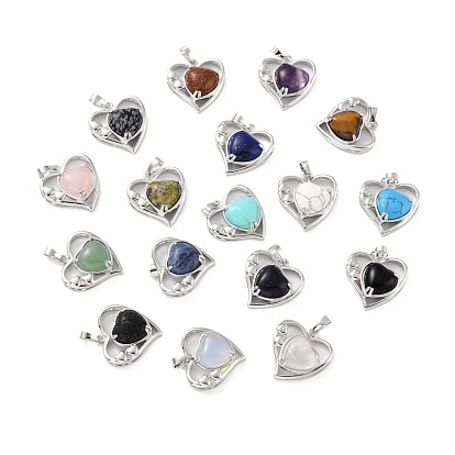 Natural & Synthetic Gemstone Pendants, with Platinum Tone Brass Findings, Cadmium Free & Lead Free, Heart, Valentine's Day