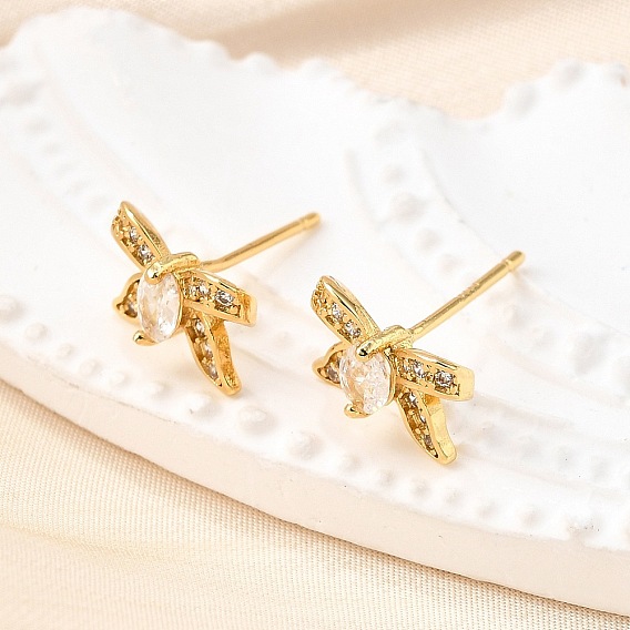 Серьги-гвоздики из латуни с микро-паве и бантом из прозрачного кубического циркония, без свинца и без кадмия, стойки покрытие, долговечный