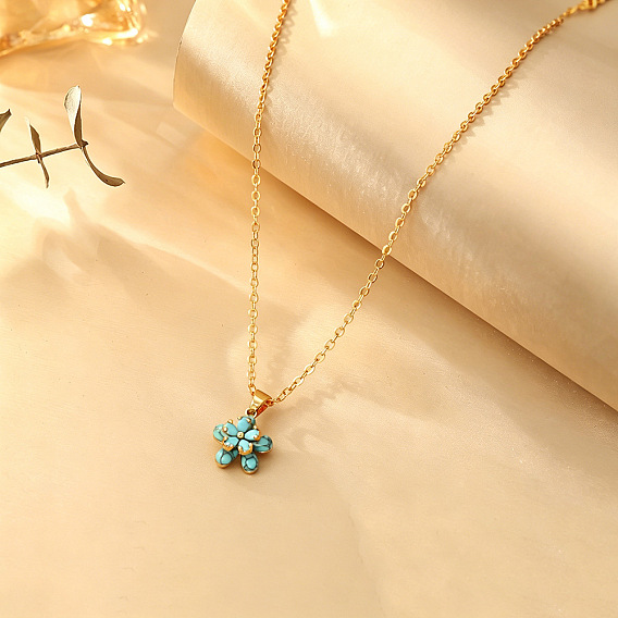 Synthetic Turquoise Brass Flower Pendant Necklaces for Women, Golden