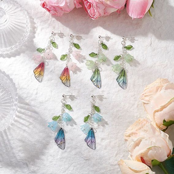 304 серьги-гвоздики с крыльями из нержавеющей стали и цветком, с подвесками из акрила и смолы, серебряные