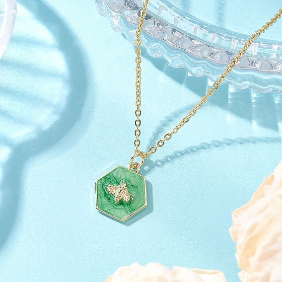 304 цепочка из нержавеющей стали в виде шестиугольника с эмалью зеленого цвета и подвеской в виде пчелы {2}