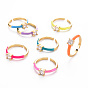 Brass Enamel Cuff Rings, Open Rings, Solitaire Rings, with Clear Cubic Zirconia, Nickel Free, Flat Round, Golden