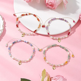 Натуральные круглые бусины из драгоценных камней плетеные браслеты из бусин для женщин, с натуральным культивированным пресноводным жемчугом и гальванизированными стеклянными бусинами и 304 подвесками в виде сердечек из нержавеющей стали