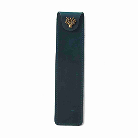 Crazy Horsehide Pen Sleeve Pouch, Fountain Pen Protective Cover, Single Pen Holder, with Tree Pattern Alloy Snap Button, Rectangle