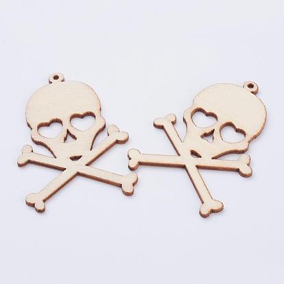 Undyed Wood Big Pendants, Skull with Bone