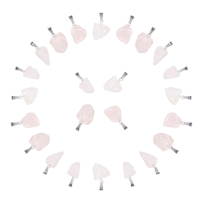 24Pcs Natural Rose Quartz Pendants, with Stainless Steel Snap On Bails, Nuggets, Stainless Steel Color