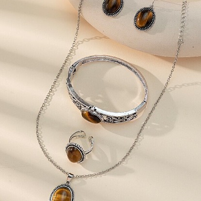 Овальный сплав с подвесками из драгоценных камней, ожерелья, серьги-подвески, кольца-манжеты и браслеты, античное серебро