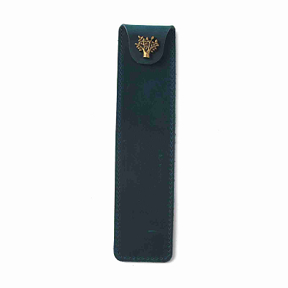 Crazy Horsehide Pen Sleeve Pouch, Fountain Pen Protective Cover, Single Pen Holder, with Tree Pattern Alloy Snap Button, Rectangle