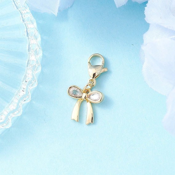 Подвеска с бантом из латуни с микропаве из прозрачных кубических цирконий, с 304 из нержавеющей стали Lobster Claw застежками