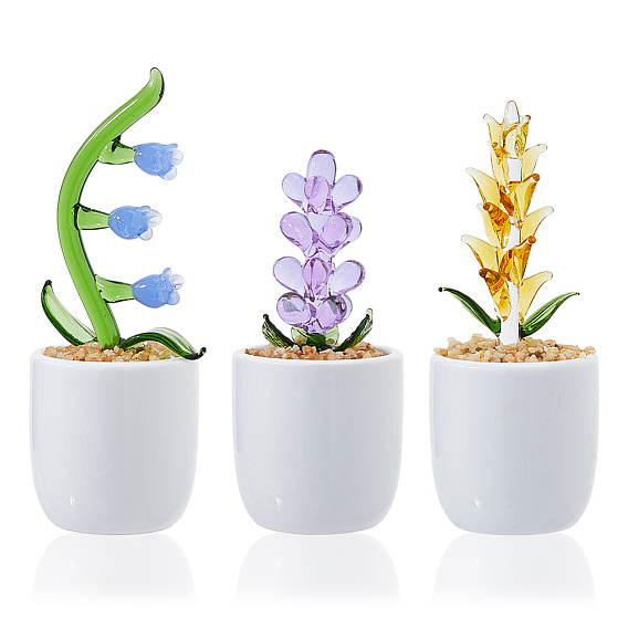 3 шт. 3 стили лэмпворк кактус/цветок украшение для витрины, с фарфоровым цоколем, украшения для демонстрации микро-ландшафтов