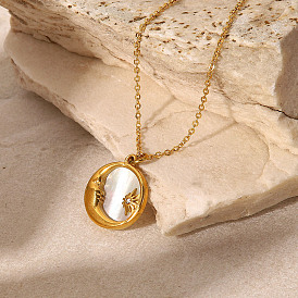 18K Gold Titanium Steel Necklace with Natural White Mother of Pearl Star Moon Pendant
