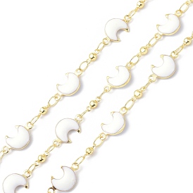 Brass & Enamel Link Chains, Long-Lasting Plated, Moon, Unwelded, with Spool