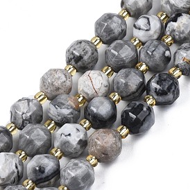 Natural Map Stone/Picasso Stone Beads Strands, with Seed Beads, Faceted Bicone Barrel Drum