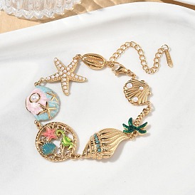 Summer Beach 304 Stainless Steel Rhinestone Enamel Starfish Shell Shape Link Chain Bracelets for Women, with Plastic Imitation Pearl, Colorful