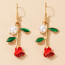 Romantic Pearl Rose Earrings for Her - Long Dangle Drop Studs, Valentine's Day Gift