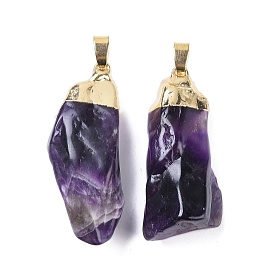 Natural Amethyst Pendants, Nuggets Charms, with Golden Plated Brass Findings