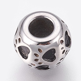 316 Surgical Stainless Steel European Beads, Large Hole Beads, Rondelle with The Dog Footprints