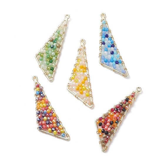 Electroplate Glass Beads Pendants, with Light Gold Alloy Findings, Triangle Charms