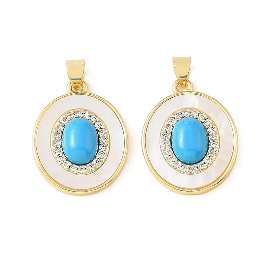 Brass Micro Pave Clear Cubic Zirconia Pendants, with Synthetic Turquoise & Shell, Oval Charms, Rack Plating, Long-Lasting Plated, Lead Free & Cadmium Free