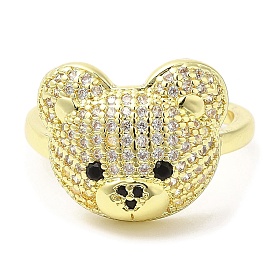Bear Cubic Zirconia Open Cuff Rings, Rack Plating Brass Ring for Women, Long-Lasting Plated