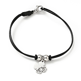 304 Stainless Steel Clover Charm Bracelet with Waxed Cord for Women