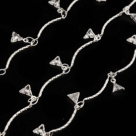 Brass Curved Bar Link Chains, with Clear Cubic Zirconia Triangle Charms, Unwelded, with Spool