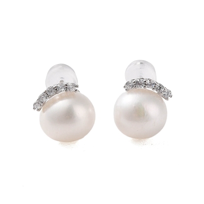 925 Sterling Silver Studs Earring, with Cubic Zirconia and Natural Pearl