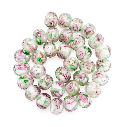 1 Brins de perles rondelles artisanales en verre filé, motif floral intérieur, avec de la poudre d'or