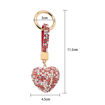 PU Leather & Rhinestone Keychain, with Alloy Spring Gate Rings, Heart