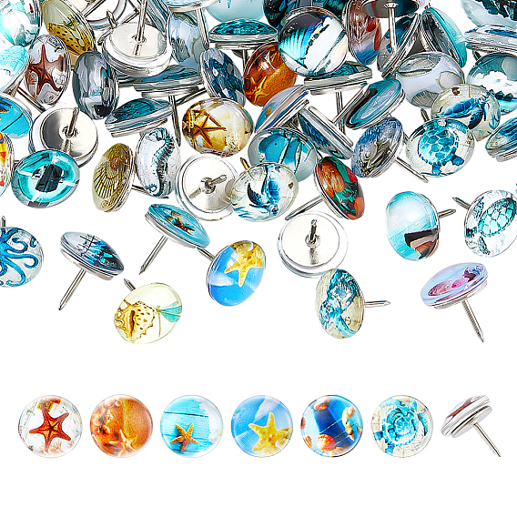 100Pcs Iron Drawing Pins, with Glass, Flat Round, Platinum