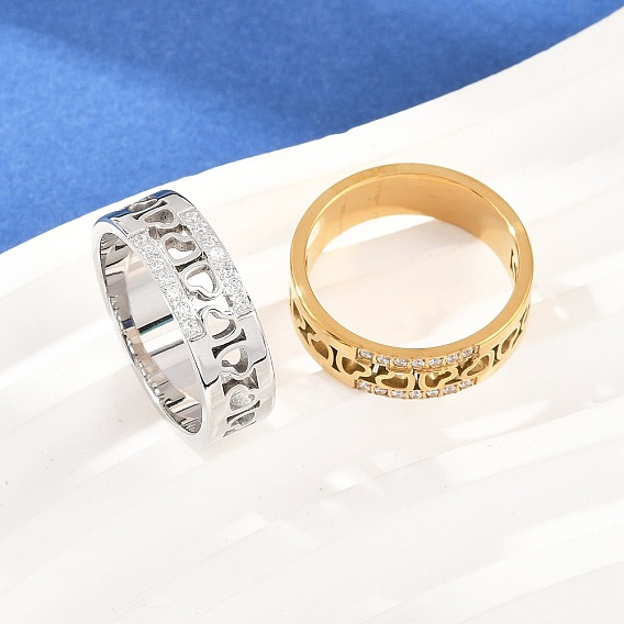 304 женские кольца из нержавеющей стали с микропаве из кубических цирконий, сердце, ионное покрытие (ip)