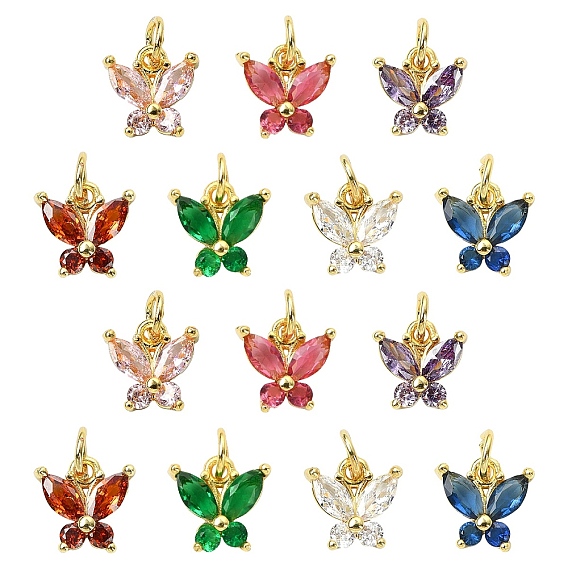14pcs 7 couleurs rack placage laiton incrusté zircone cubique charmes, avec des anneaux de saut, sans cadmium et sans plomb, or, papillon
