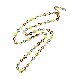 Colorful Enamel Flower Link Chain Necklace, Ion Plating(IP) 304 Stainless Steel Jewelry for Women