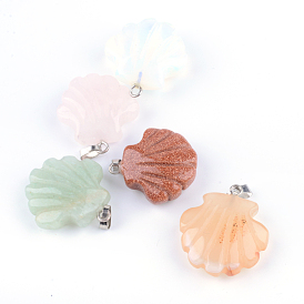 Shell Shape Mixed Stone Pendants, with Platinum Tone Brass Findings, 22~25x20~22x8~10mm, Hole: 2x6mm