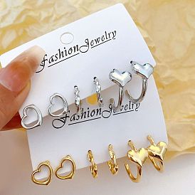 Retro Minimalist C-shaped Earrings Set with Hollow Peach Heart Design (6 Pieces)