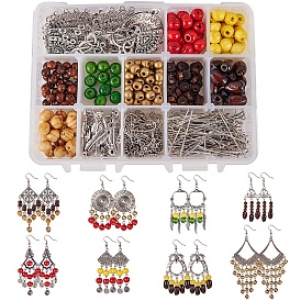 SUNNYCLUE DIY Earring Making, with Tibetan Style Alloy Chandelier Components, Natural Wood Beads, Tibetan Style Pendants, Brass Earring Hooks and 304 Stainless Steel Jump Rings