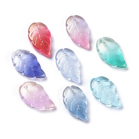 Baking Paint Glass Pendants, Two Tone, with Glitter Gold Powder, Leaf