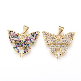 Brass Micro Pave Cubic Zirconia Pendants, Long-Lasting Plated, Butterfly, Real 18K Gold Plated
