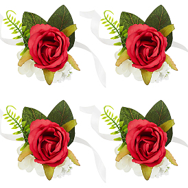4шт. шелковые имитация розы корсажи на запястье, с шелковой лентой, для свадьбы, партийные украшения